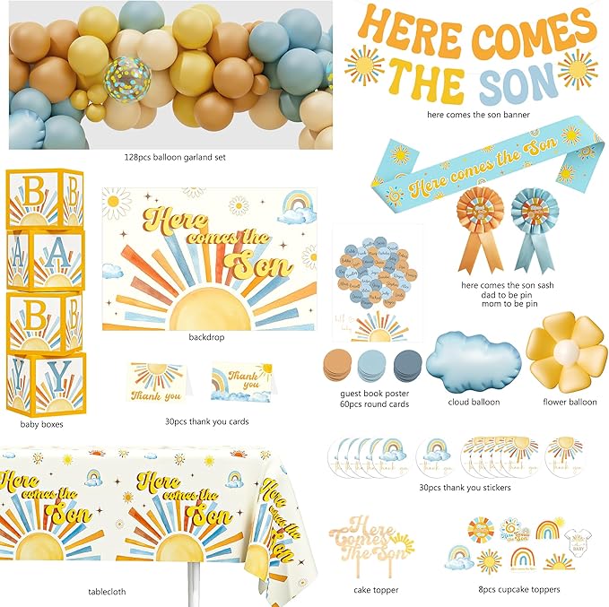 Here Comes the Son Baby Shower Decorations for Boy, Boho Sun Baby Shower Party Supplies, It's A Boy Gender Reveal Décor, Retro Sun You Are My Sunshine Baby Shower