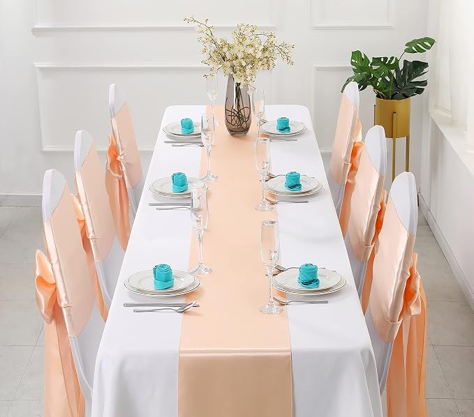 Horbaunal 12 Pack Peach Satin Table Runner 12 x 108 Inch, Smooth Table Runners for Wedding Banquets Birthday Party
