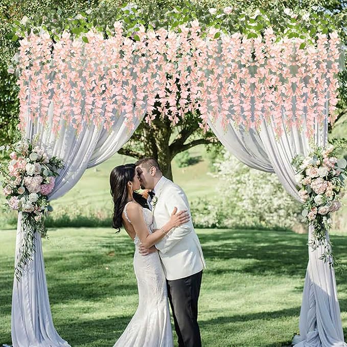 Pauwer 12 Pack Fake Flowers Wisteria Artificial Flower Garland Silk Wisteria Hanging Flowers Vine Rattan String Artificial Flowers for Home Garden Wedding Party Decorations,Blush Pink