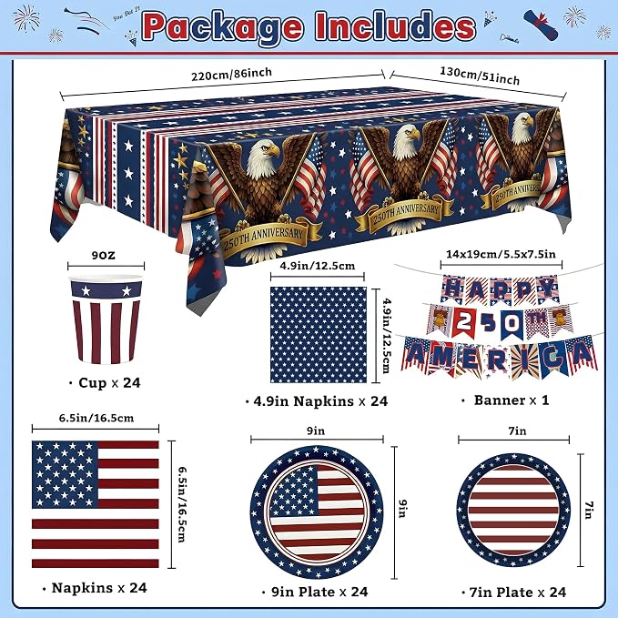 140 Pack 250th Anniversary Decorations- Serve 24 - Patriotic Plates Tablecloth Napkins Cups Banner | 4th of July Accessories for 250th Anniversary Merchandise Home Indoor Outdoor