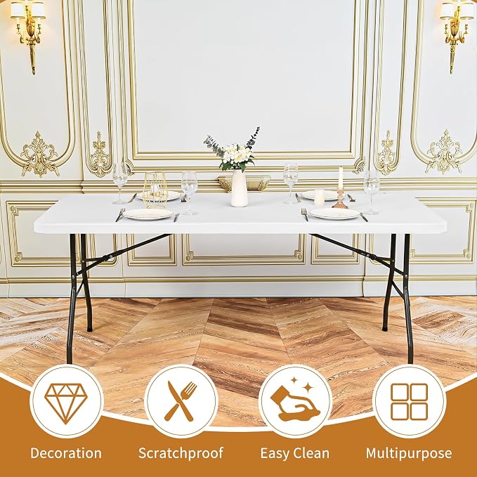 12 Pack Spandex Tablecloth Table Top Cap Cover, White Stretch Table Covers for 8FT Tables, Washable Elastic Rectangle Tablecloth Protector for Outdoor Party Picnic Wedding (White,30" W x 96" L)