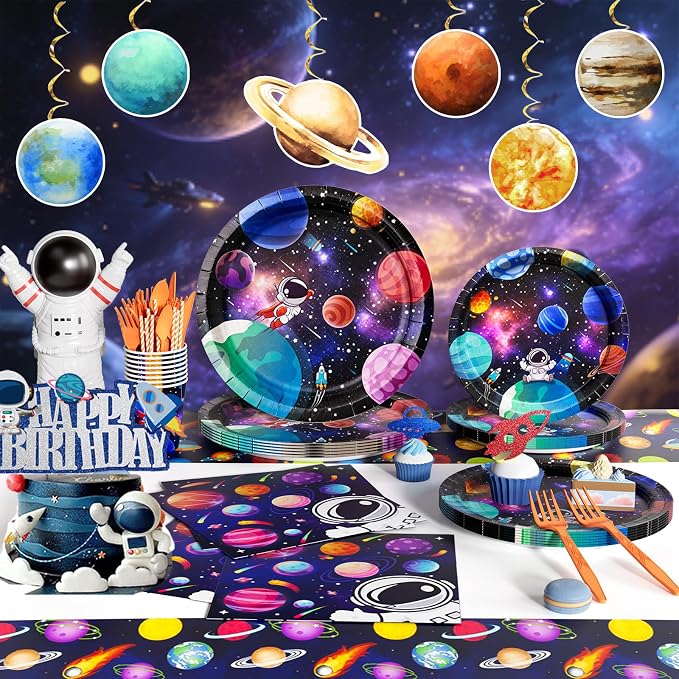 Hombae Outer Space Birthday Party Decorations, Space Themed Party Supplies with Balloons, Backdrop, Dinner & Dessert Plates, Banner, Tablecloth, Cups, Napkins, Cutlery for Kids Birthday