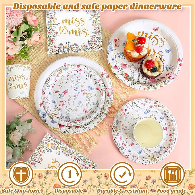 Zhehao 250 Pcs Bridal Shower Plates Napkins Sets 50 Pcs Floral 9'' Dinner Plates and 7'' Dessert Plate and 9oz Cups 100 Napkins Serves 50 Bridal Shower Wildflower Wedding Tableware Set