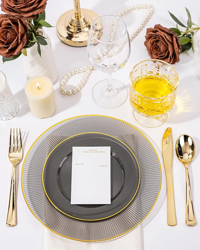 Hioasis 60pcs Black and Gold Plastic Plates - Black Disposable Dinnerware Set, 30pcs Dinner 10in & 30pcs Dessert 7in Plates with Striped Designs for Party & Wedding
