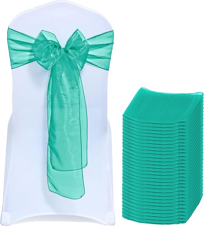 MDS® Pack of 100 Organza Chair Sashes for Wedding Decoration, Reusable Sheer Chair Bows for Banquet Chair Cover, Reception, Bridal Shower, Baby Shower, Birthday Party & Special Events - Emerald Green
