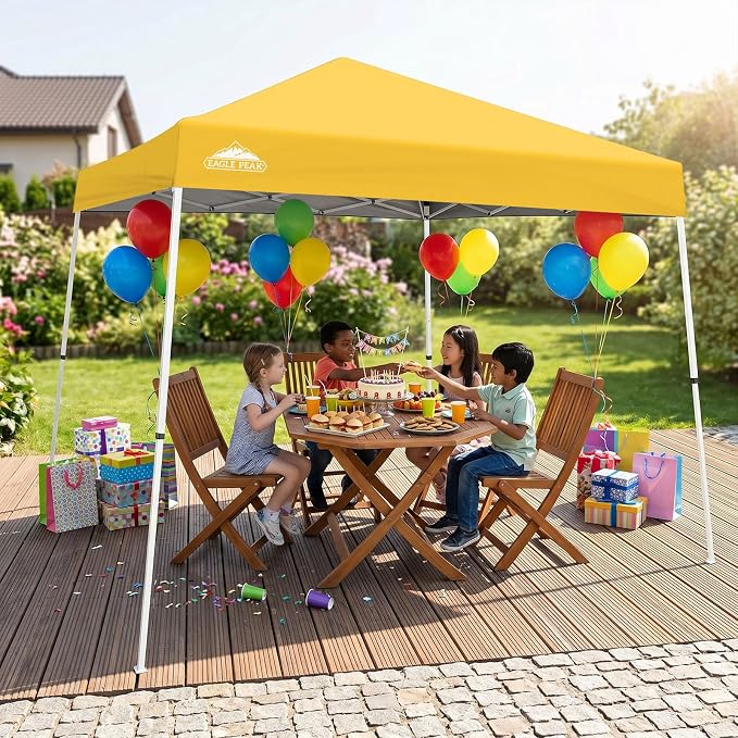 EAGLE PEAK 10x10 Slant Leg Pop-up Canopy Tent Easy One Person Setup Instant Outdoor Beach Canopy Folding Portable Sports Shelter 10x10 Base 8x8 Top (Yellow)