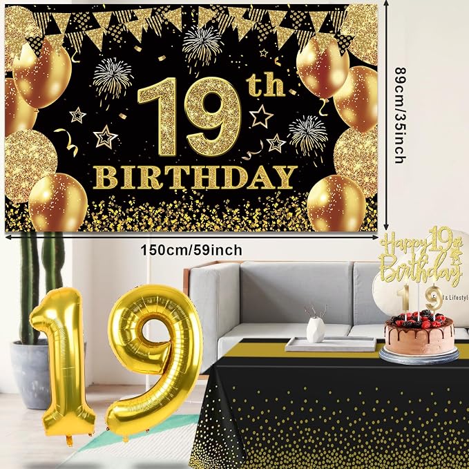 19th Birthday Decorations for Him Her with 19th Birthday Banner, Black and Gold Table Cloth, Number Balloons, Large Sash, Cake Topper and Candles