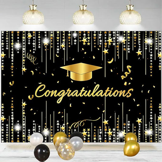Congratulations Graduate Backdrop 7x5 FT Black and Gold Class of 2026 Graduation Party Backdrops for Photography Congrats Grad Prom Banner Decorations Background Photo Booth Props
