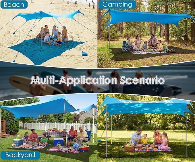 Beach Tent Sun Shelter, 14 × 11FT UPF50+ Protection Beach Shade Canopy, Easy Setup, with 8 Sandbags, 4 Stability Poles, Sand Shovel, Ground Spikes, Outdoor Shade for Sand, Camping, Fishing