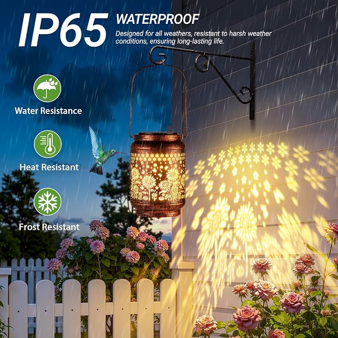 KOOPER Solar Lanterns Outdoor Waterproof Birthday Gifts for Women Mon Grandma, 2 Pack Brighter Hummingbird Hanging Solar Lantern Lights Outdoor, Metal Outdoor Decoration for Yard, Porch (Sunflower)