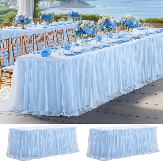 2 Pack Baby Blue Tulle Tablecloth Skirt for 6 Foot Rectangle Tables - Baby Shower Blue Table Covers with Ruffle Tutu Style, Stretch Fitted for Wedding Birthday Parties Reception