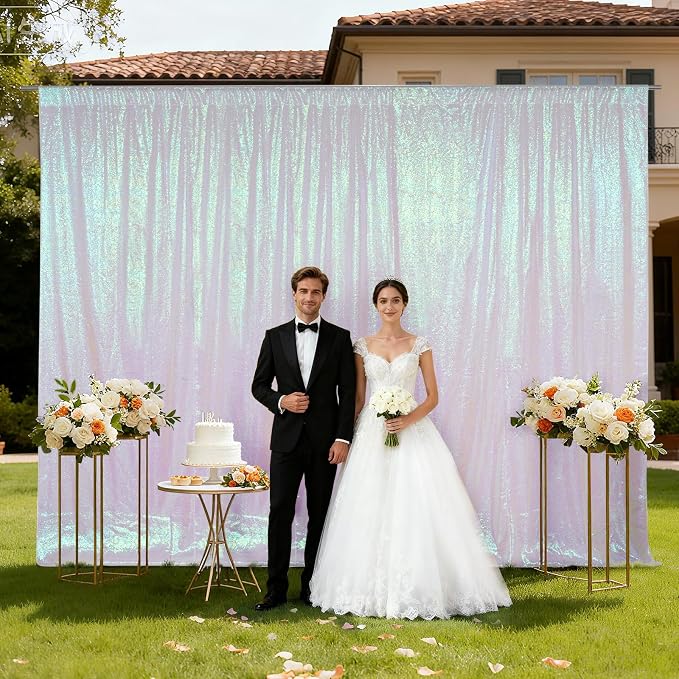 SquarePie 20x10ft Iridescent Sequin Backdrop for Photography, Satin-Backed Real Sequin Curtain, Enhanced Coverage Shimmering Background with 4" Rod Pocket for Wedding, Birthday, Party Decor, 1 Panel