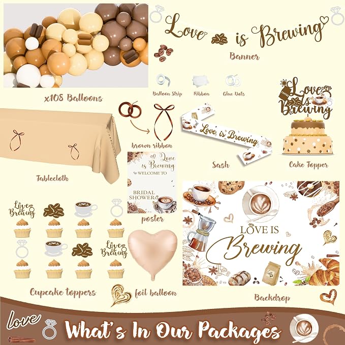 Coffee Bridal Shower Decorations, Loving is Brewing Coffee Themed Bridal Shower Decorations, Cafe Bar Theme Bachelorette Wedding Shower Supplies for Balloon Arch Banner Backdrop Bow for GIrls Women