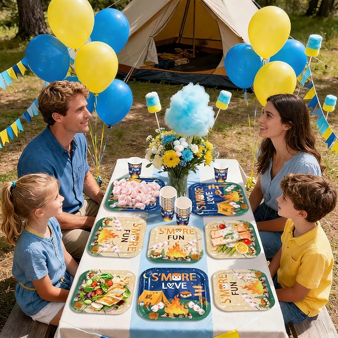 250Pcs S'more Camping Birthday Party Decorations S’More Love Fun Plates Napkins Cups Disposable Camping Campfire Bonfire Tableware Set for Kids Labor Day Adventure Baby Shower Party Supplies Serves 50
