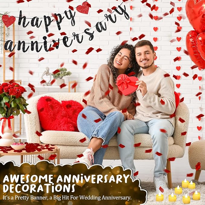 Retisee Red Anniversary Decorations Happy Anniversary Banner Sign Romantic Feliz Aniversario Party Decoration Glitter Banner with 24pcs LED Candles 2000pcs Rose Petals for Home Party Night Wedding