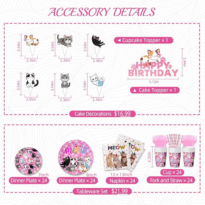 188PCS Cat Party Supplies Set - Complete Cat Themed Birthday Party Decorations with Plates, Cups, Napkins, Tablecloth, Honeycomb Centerpieces,Banner and Hanging Swirls