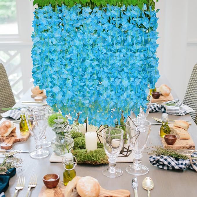 24Pcs Artificial Wisteria Hanging Flowers, 3.6Ft/Pcs Blue Fake Wisteria Garland for Wedding Party Home Garden Indoor Outdoor Decoration