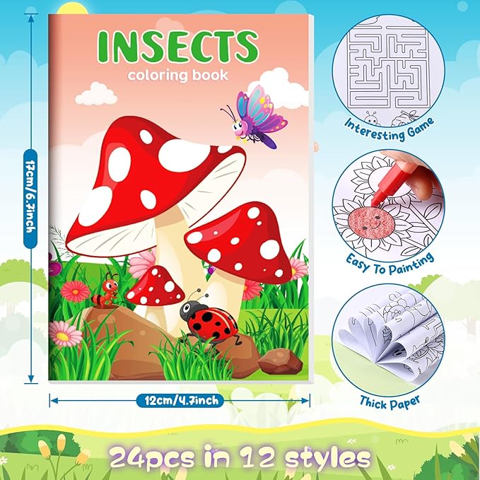 BenLouis 24 Insects Mini Coloring Books Kids with 24 Stacking Crayons Spring Bugs Party Favors Activity Books Bulk for Kids Butterfly Bee Goodie Bag Gift Stuffer Classroom Reward