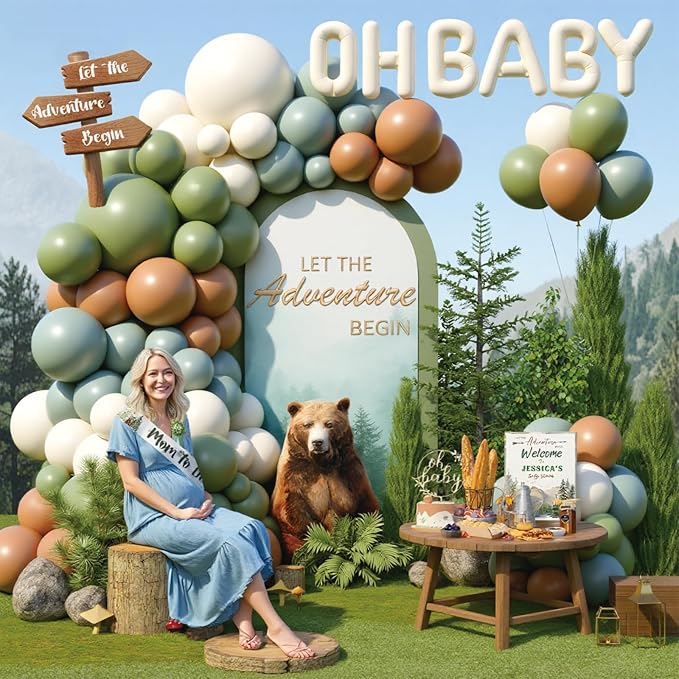 Let the Adventure Begin Baby Shower Decorations, 131 PCs Adventure Awaits Baby Shower Party Supplies with Mountain Backdrop, Balloon Garland, Mom to Be Sash for Boys Forest Woodland Party