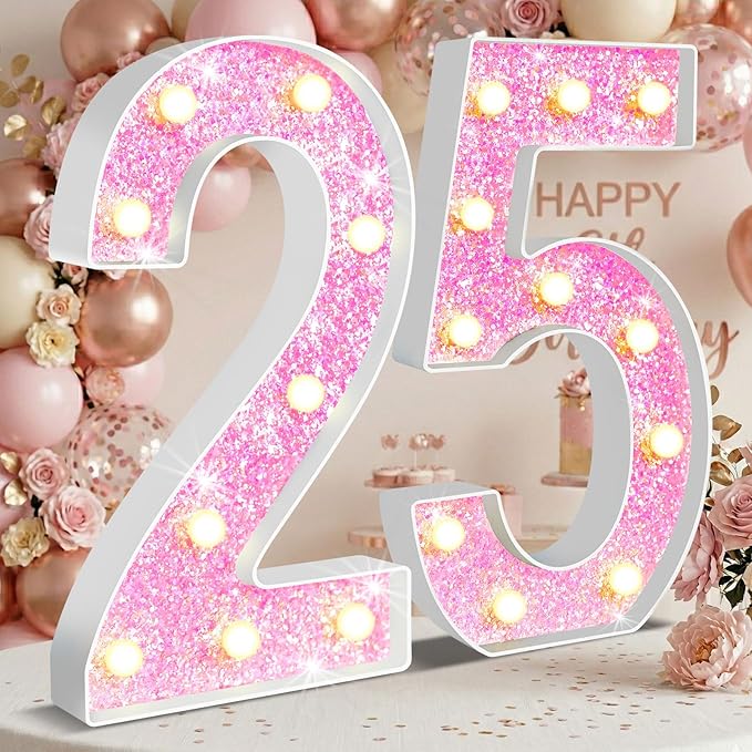 12.6 Inch LED Pink Marquee Light Up Numbers, Sweet 25th Birthday Decorations Number Lights as Gifts for Women, Glitter Lighted Marquee Numbers for Pink Anniversary Party Table Decor, 25