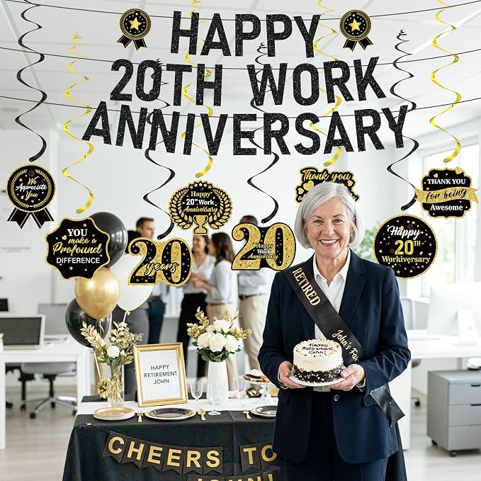11pcs 20 Year Work Anniversary Decorations Black Gold Happy 20th Work Anniversary Banner Hanging Swirls Employee Appreciation Decorations Supplies 20 Year Workiversary Gifts for Employee Worker