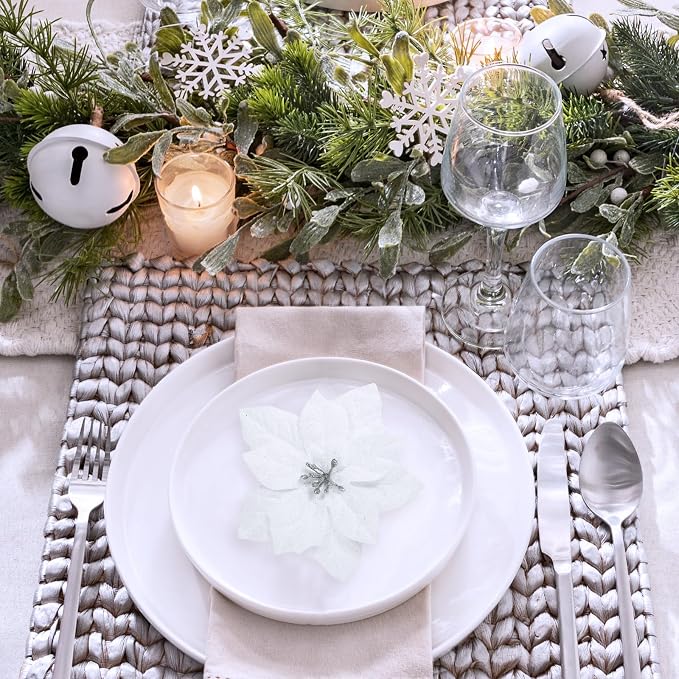 Winlyn 35 Pcs Christmas Artificial Poinsettia Flowers Picks and Artificial Leaves Sprays White Glitter Christmas Floral Picks for White Christmas Tree Wreath Garland Holiday Centerpiece Decorations