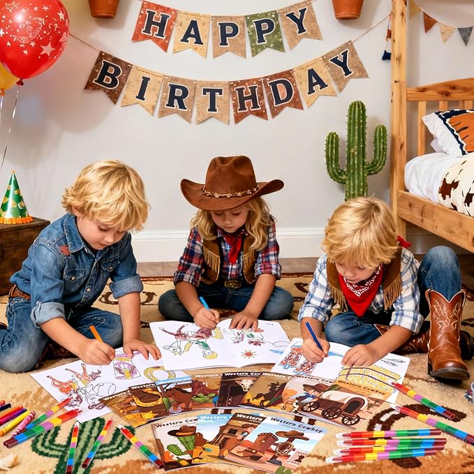 BenLouis 24 Western Cowboy Mini Coloring Books Kids With 24 Stacking Crayons Wild West Party Favors Activity Books Bulk for Kids Yee Haw Rodeo Goodie Bag Gift Stuffer Classroom Reward