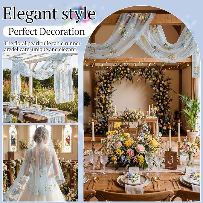 Lounsweer 3 Pcs Blue Wildflower Table Runner 10ft Embroidery Tulle Spring Floral Table Runner Seasonal Summer Butterfly Kitchen Dining Gauze Decoration for Wedding Baby Shower Birthday Party