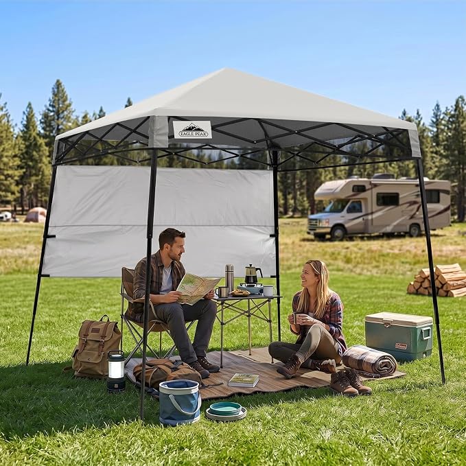 EAGLE PEAK 8x8 Pop Up Canopy Tent with Sidewall, Compact, Portable Slant Leg Instant Sun Shelter for Beach, Sports, & Camping, 8x8 Base 6x6 Top, Offwhite