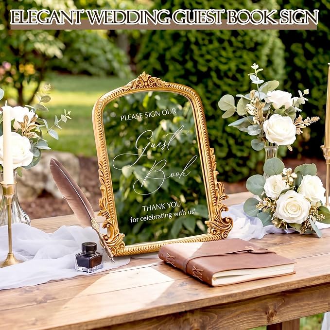 Bucherry Vintage Love Wedding Sign Please Sign Our Guest Book Mirror Plaque Elegant Resin Frame with Mirror 12" x 7.5" Baroque Reception Decor Gold Table Centerpiece
