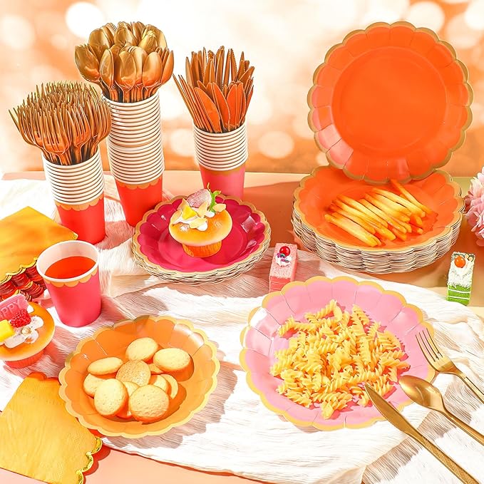 Mimorou 338 Pcs Pink and Orange Plates and Napkins Party Supplies for Guests Hot Pink Orange Tableware Include Scalloped Plates Paper Napkin Cup Spoon Fork Knife for Baby Shower, Wedding, Birthday