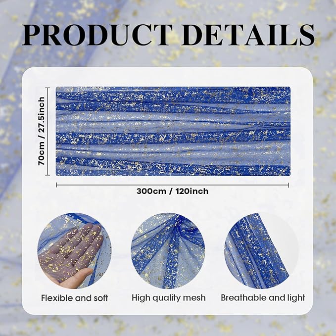 Artoid Mode 10PCS Blue Gold Gauze Table Runner 120 Inch 10FT, Glitter Metallic Foil Sheer Dining Wedding Anniversary Holiday Table Decor for Home Party