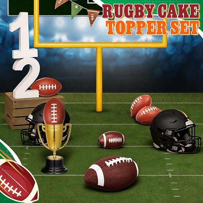 VioraWhite Large Football Cake Toppers 8pcs Include 5 Balls of Different Sizes 2 Trophies and 1 Happy Birthday Sign for Cake Decoration Sport Theme Party Ceremony