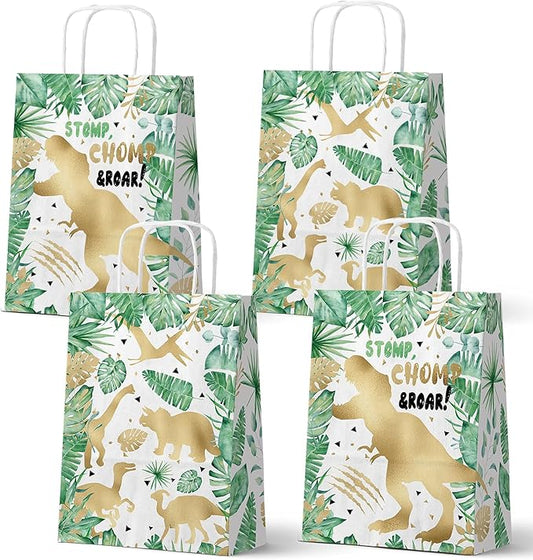 24 Pack Gold Dinosaur Party Gift Bags, Jungle Dino Paper Favor Bags with Handles, Stomp Chomp Roar Birthday Party Supplies for Kids
