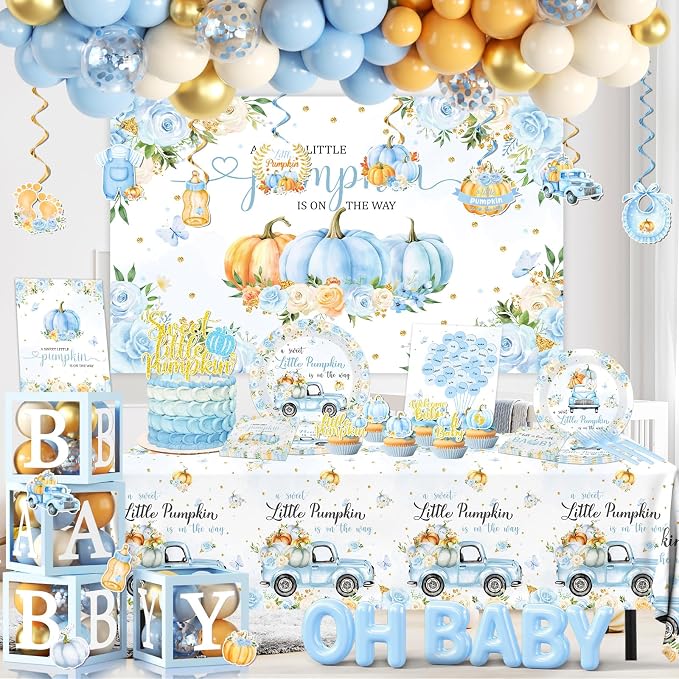 249pcs Little Pumpkin Baby Shower Decorations for Boy,A Sweet Little Pumpkin is On the Way Baby Shower,Blue Pumpkin Floral Balloons Plates Boxes Tablecloth for Fall Thanksgiving Autumn Party Decor