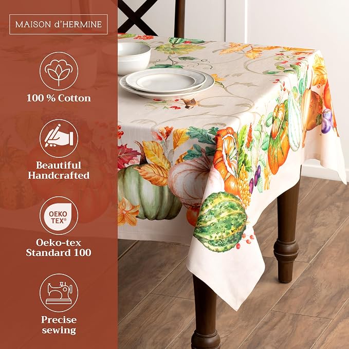 Maison d' Hermine Table Cloth Rectangle Table 100% Cotton 54 x 72 Inches Fall Tablecloth Reusable Everyday Use for Thanksgiving Christmas Decorations Dining Farmhouse Party (Lumina)