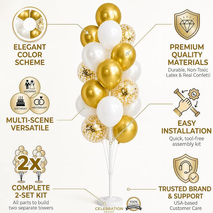 Hiins Balloon Column Kit Set of 2 With Metallic Gold Confetti&White Balloons - with Base,Pole,Balloon Tower Decoration for Graduation Wedding,Baby Shower,Birthday Party,Bachelorette Party