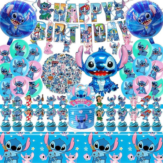 Stitch Party Supplies, 102 PCS Birthday Decorations Set Include Banner, Balloons, Stickers, Hanging Swirls, Cake Cupcake Toppers, Tablecloth for Boys Girls Stitch Theme Party