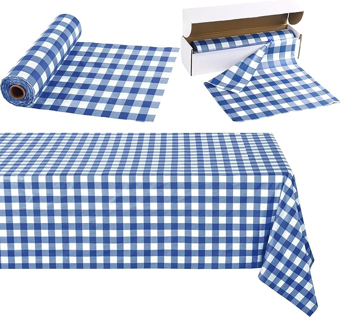 Kochorie 54 Inch x 100 Ft Blue Checkered Plastic Table Cloth Roll Disposable Waterproof Table Cover Plastic Table Cover Roll with Easy Slide Cutter for Outdoor Picnic/Home Dining/Summer Party