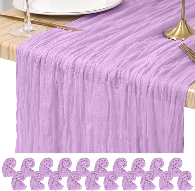 20 Pack Cheesecloth Table Runner Light Purple, Rustic Boho Gauze Fabric Table Runner Romantic Table Runner for Wedding, Festival, Birthday, Anniversary, Dinner and Outdoor Events (17.7 x 108 inch)