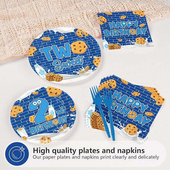 96 Pcs Milk and Cookies 2nd Birthday Party Supplies Dark Blue Cookies Plates and Napkins Two Sweet Cookie Tableware Set for Boys Girls Sweet Cookie 2nd Birthday Party Supplies, Serves 24