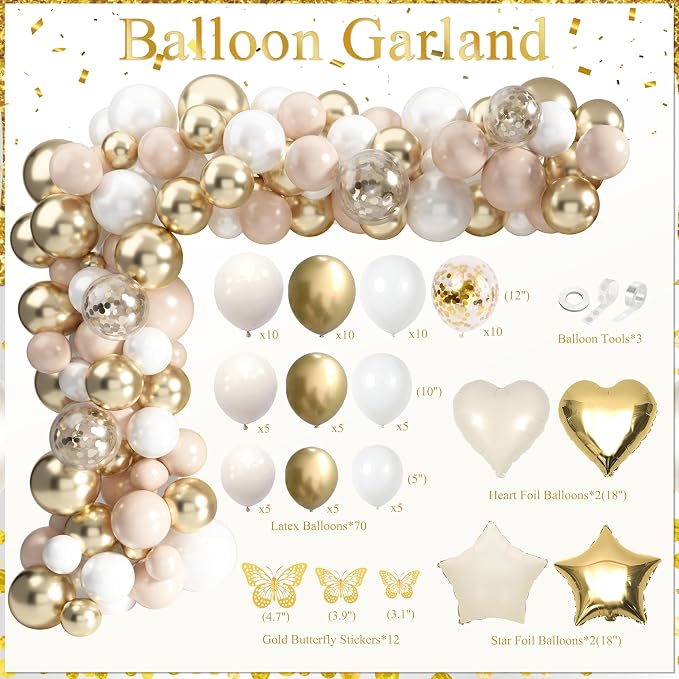 Gold Birthday Party Decorations White and Gold Birthday Decorations for Women Girls with Beige Cream Balloon Arch Sash Golden Tablecloth Banner Backdrop Cake Topper