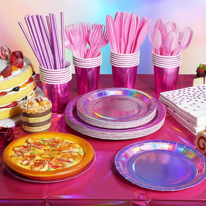 Iridescent Pink Party Supplies Decorations Serve 50, Hot Pink Holographic Paper Plates and Napkins Set, Disposable Pink Paper Plates Cups Knives Spoons Fork for Mermaid Disco Kpop Birthday Party Decor
