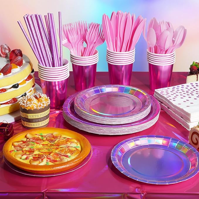 Iridescent Pink Party Supplies Decorations Serve 25, Hot Pink Holographic Paper Plates and Napkins Set, Disposable Pink Paper Plates Cups Knives Spoons Fork for Mermaid Disco Kpop Birthday Party Decor