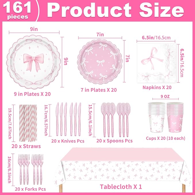 161PCs Pink Bow Party Supplies Pink Coquette Plates Napkins Cups Tablecloth Straws Forks Spoons Knives for Birthday Party Bachelorette Decor Bridal Engagement Coquette Party Supplies for 20 guests