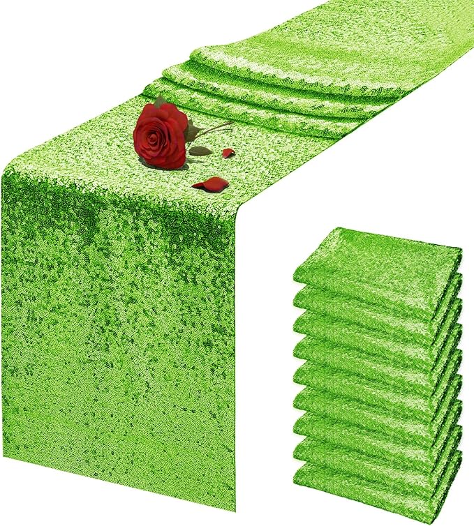 10 Packs 12 x 72 inches Green Sequin Table Runner, Glitter Runner for Birthday Party Supplies Wedding Holiday Celebration Baby Shower Engagement Anniversary Decor