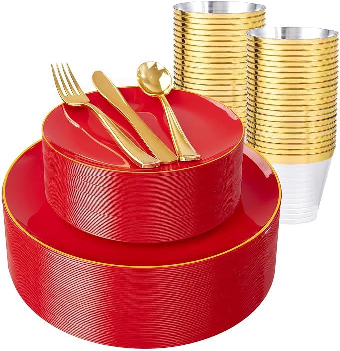 WDF 150Pcs Red Plastic Plates - Red Plates Disposable 25Guest Dinnerware Include 25 Dinner Plate, 25 Dessert Plate, 75 Cutlery & 25 9oz Cups for Wedding/Birthday/Bridal Shower