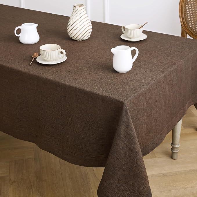 Solino Home Linen Tablecloth 60 x 156 Inch - 100% Pure Linen Chambray Brown Table Cloth for Rectangle Tables - Athena, Machine Washable Tablecloth
