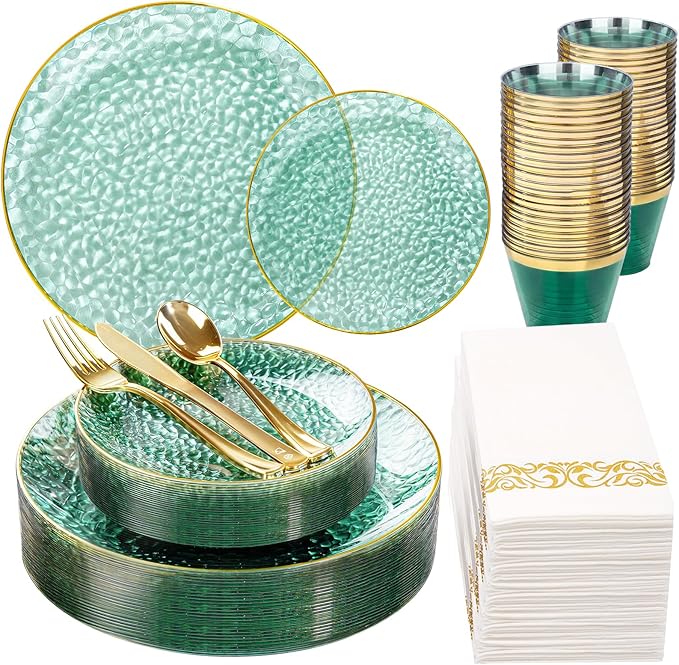 DaYammi 175 Pcs Green Plastic Plates Dinnerware Set (25 Guests), Hammered Plates Sets, Green Party Platos Set include 50 Disposable Platos, 75 Gold Plastic Silverware, 25 Cups 25 Napkins