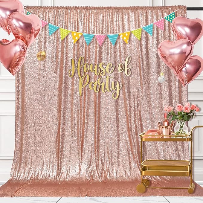 PartyDelight Rose Gold Sequin Backdrop Curtains 6x8ft | 3mm stitched sequin curtain with 4 inch rod pocket for 6x8ft photo booth wall ceremony backdrop party wall and stage display